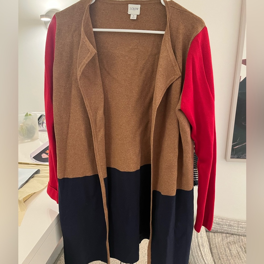 J crew long, open cardigan, red, navy and tan size S